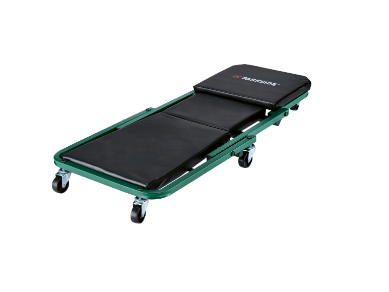 Green workshop creeper with wheels and black padding
