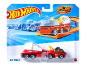 A red car and trailer toy set with a fast-food theme, packaged in a blister pack.
