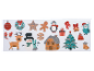 Christmas glitter stickers: bauble, wreath, star, gingerbread man, penguin, scarf, bell, owl, mittens, reindeer, snowman, snowflake, house, gift, tree, hat, boots.