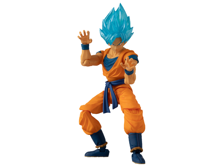 Action figure of a male character with spiky blue hair and an orange and blue combat outfit.