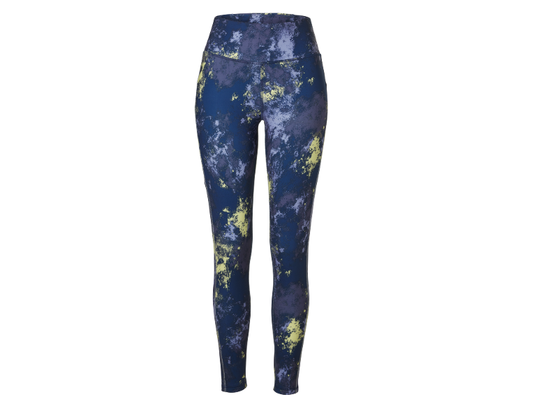 Women's patterned sports leggings in blue, purple, and yellow.