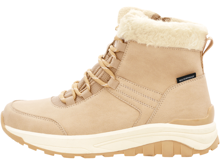 Beige hiking boot with laces, faux fur lining, and a 'WATERPROOF' tag.
