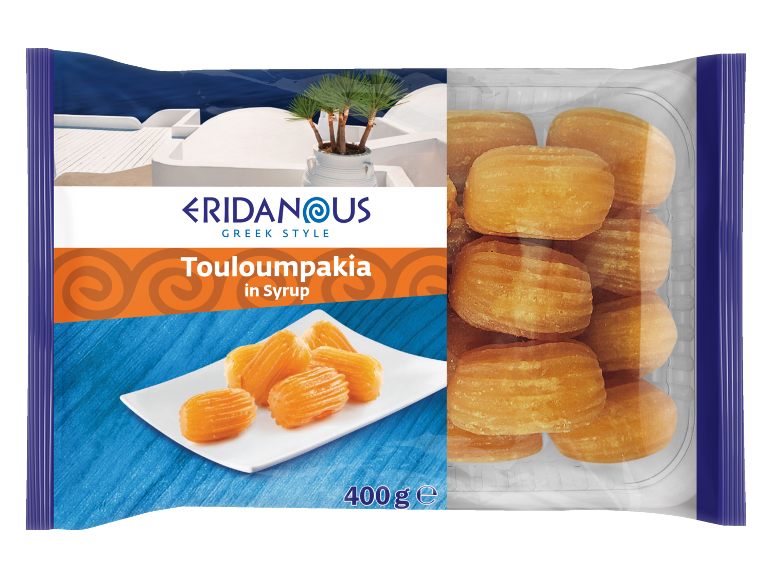 Packaging of Greek tuloumpakia in syrup, showing the dessert on a plate and in clear packaging.