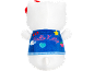 White plush toy with a blue denim-style outfit that says 'Hello Kitty' on the back.