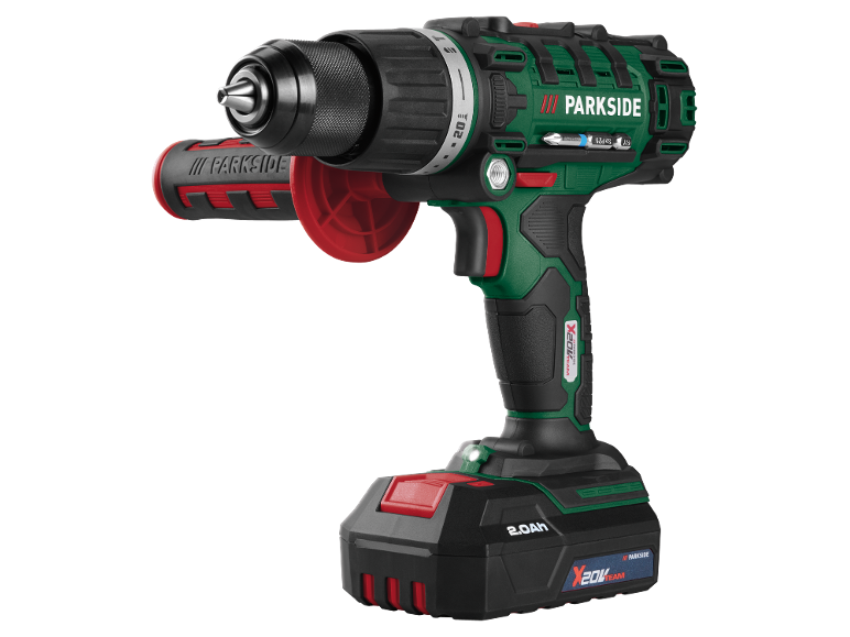 Cordless drill with an auxiliary handle and a 2.0Ah battery.