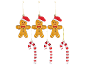 Christmas decorations featuring gingerbread men and candy canes hanging.