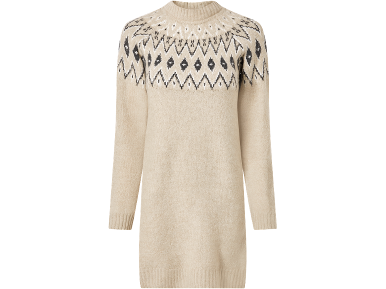 Beige sweater dress with black and white Fair Isle pattern on the yoke.