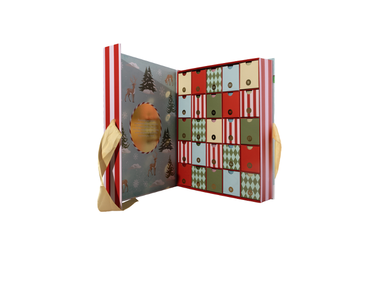 Christmas advent calendar in the shape of a book with 25 drawers.
