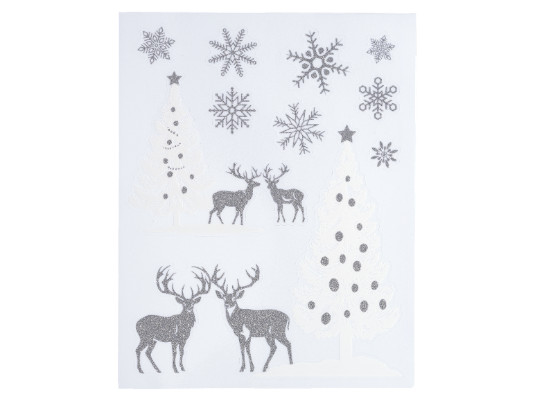 Christmas glitter stickers with snowflakes, deer, and trees.