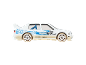 White toy rally car with blue graphics and dirt effects.