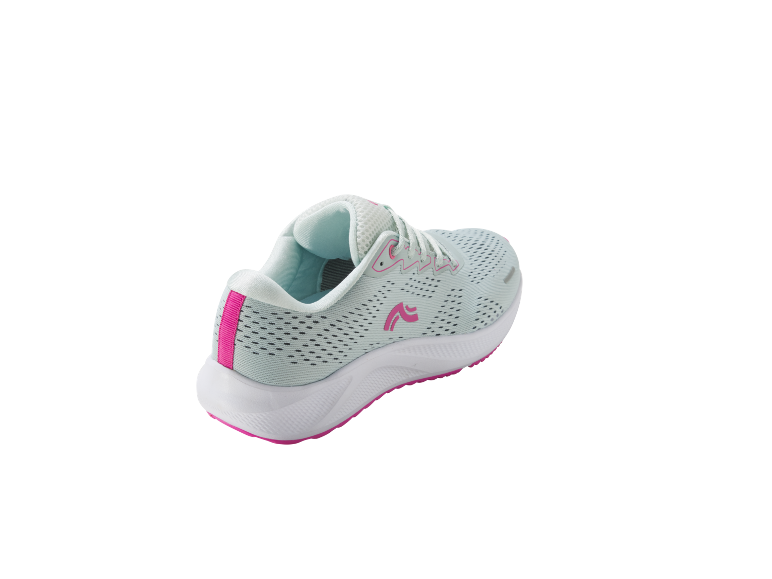 Light blue running shoe with pink and white details.