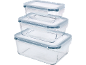 Set of three stacked glass food containers with clear plastic lids.