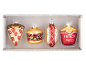 Fast food themed Christmas ornaments: pizza slice, hamburger, hot dog, and french fries.