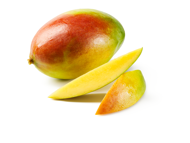Whole mango and two slices of fresh mango on a white background.