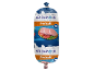 Greek style Parizaki sausage on bread, with a blue background