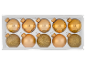Ten golden Christmas baubles in a box, five shiny and five glittery.