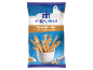 Greek style breadsticks with sesame seeds in a white cup, on a blue background, with a Greek motif.