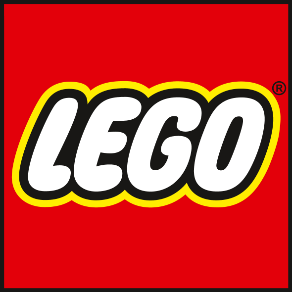 Red label with white text “LEGO” and a yellow border.