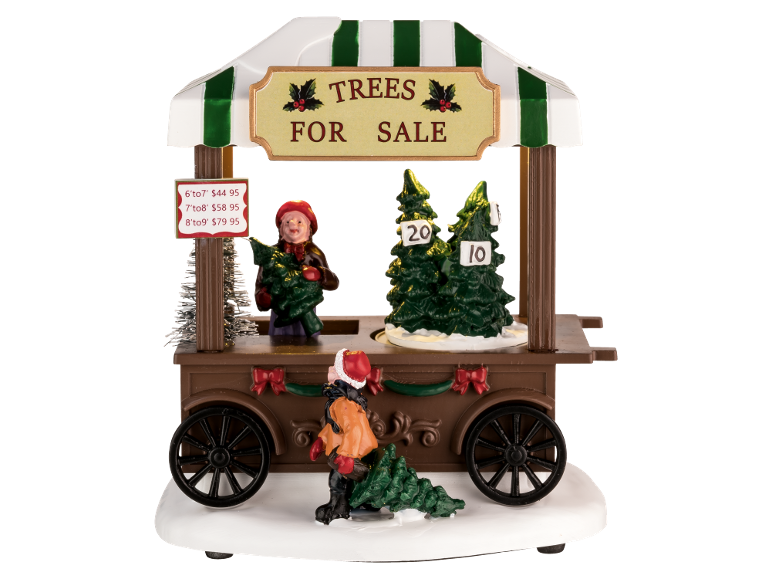 Christmas tree sale stand with figures and prices for trees of various sizes.