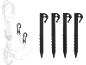 White rope with two carabiners and four black tent pegs.