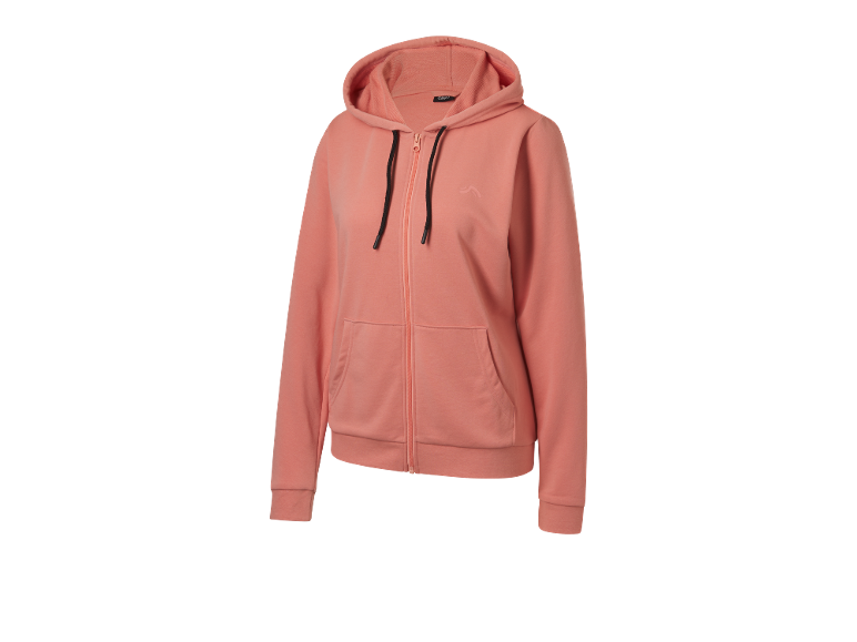 Coral-colored women's hoodie with a zipper and pockets.