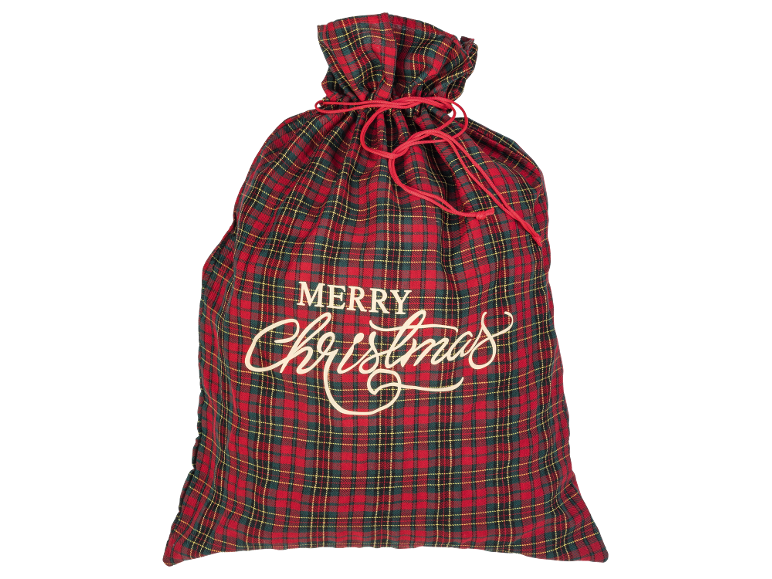 Red plaid Christmas gift sack with 'Merry Christmas' text