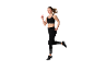 Woman in black sports bra and patterned leggings, running.