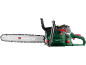 Green and black chainsaw with a long blade and red accents.