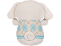 White plush toy wearing a blue and beige argyle vest, with a spiral tail.