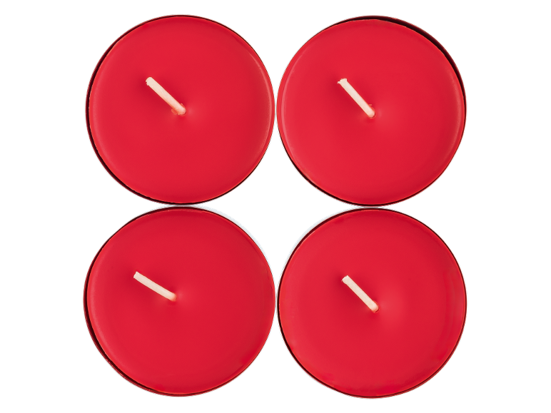 Four red tea light candles with white wicks on a black background.