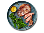 Juicy beef steak served with broccoli and mustard on a blue plate.