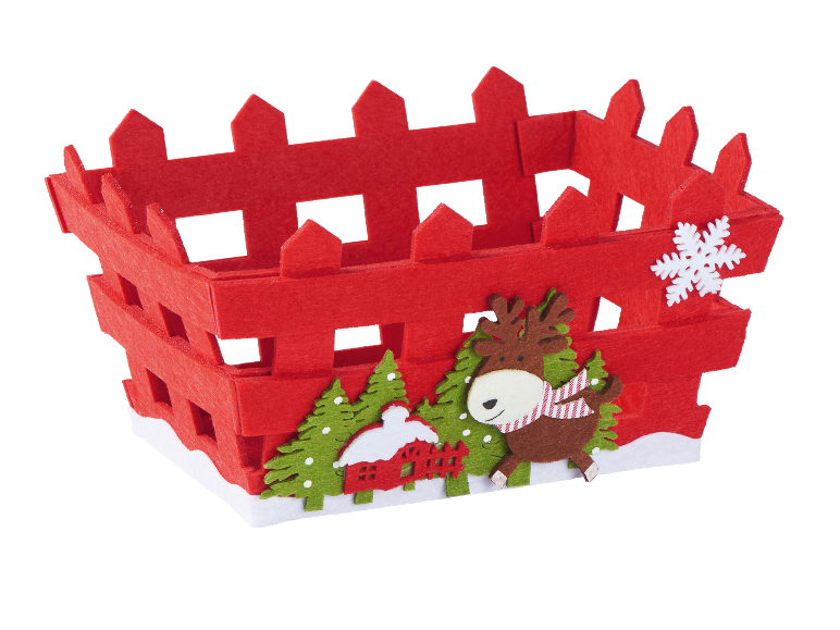 Red felt basket with Christmas decor: reindeer, trees, and snowflake.