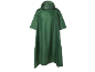 Green rain poncho with a hood and a black logo.