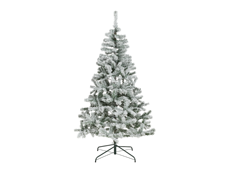 Flocked artificial Christmas tree with a stand, on a black background.