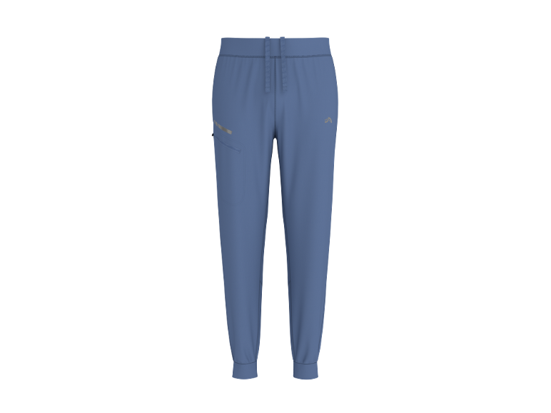 Blue men's jogger pants with a drawstring waist and pockets.