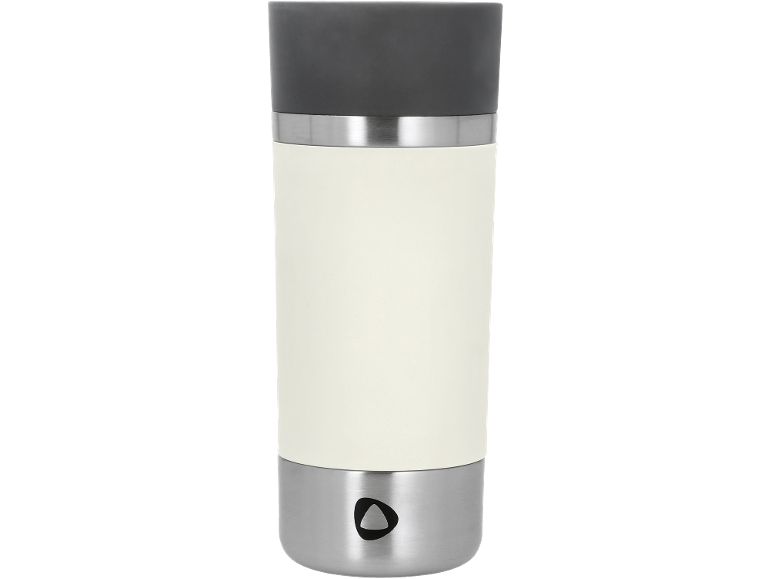 Cream and grey travel mug with a metallic band and a triangular button.