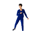 Woman in a blue sports tracksuit, consisting of a zip-up hoodie and jogging bottoms.