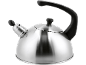 Metal tea kettle with a black handle on a black background.