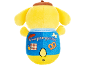 Yellow plush toy with a brown beret, in blue overalls with the text 'Pompompurin'.