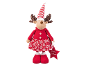 Plush reindeer in a red dress with a scarf and hat, holding a star with 'Merry Christmas'.