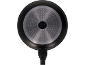 Black frying pan with a silver base and dot pattern, viewed from below.