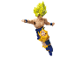 Super Saiyan action figure with yellow hair and blue and yellow clothing, in a flying pose.
