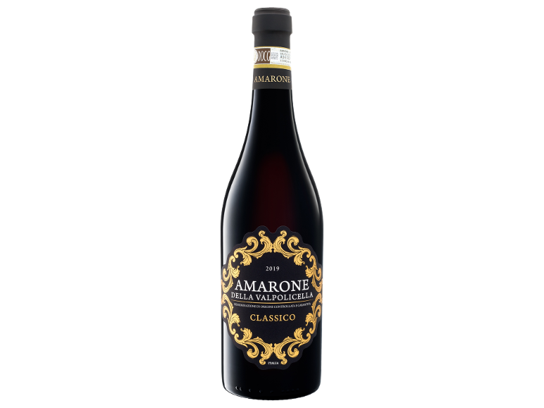 Bottle of Amarone della Valpolicella Classico 2019 red wine with a golden label.