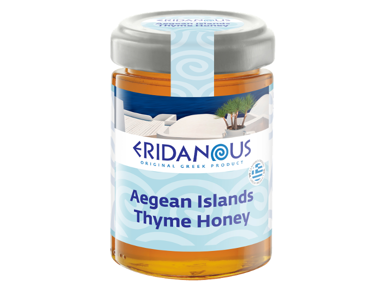 Jar of Greek islands thyme honey with a Mediterranean design.