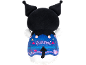 Plush cartoon character toy with a blue body and the text 'Kuromi'.
