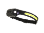 Black headlamp with bright white light and a yellow LED strip.