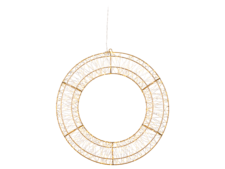 Gold-colored decorative light circle with LED lights against a black background
