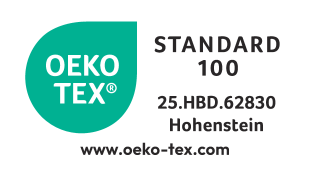 STANDARD 100 seal with number 25.HBD.62830 Hohenstein and web address.