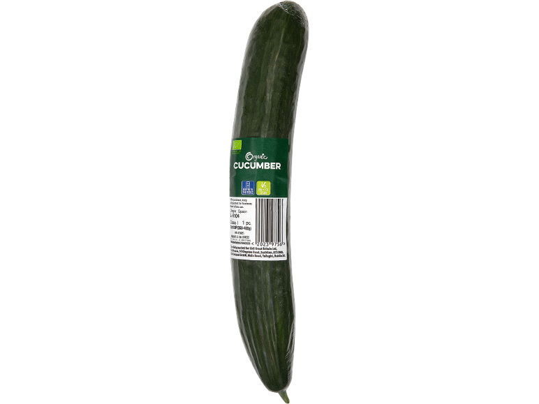 Organic cucumber in plastic packaging.