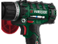 Green cordless drill with red details and screwdriver bits